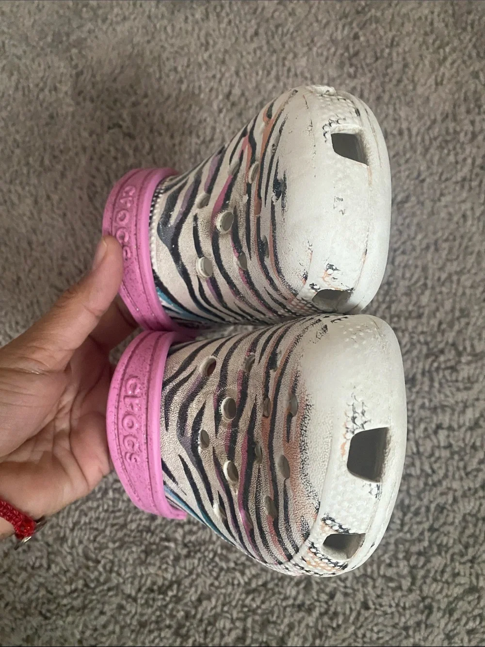 Classic CROCS Kids White Clog with Pink Strap and Multicolor Zebra Stripes